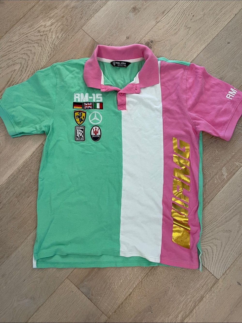 REBEL MINDS Colorblock Polo Shirt in Mint, Pink & White Size 2XL